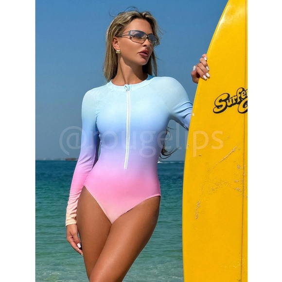 Blue Pink Ombre One Piece Swimsuit Zipper High Stretch Long Sleeve - Picture 3 of 8